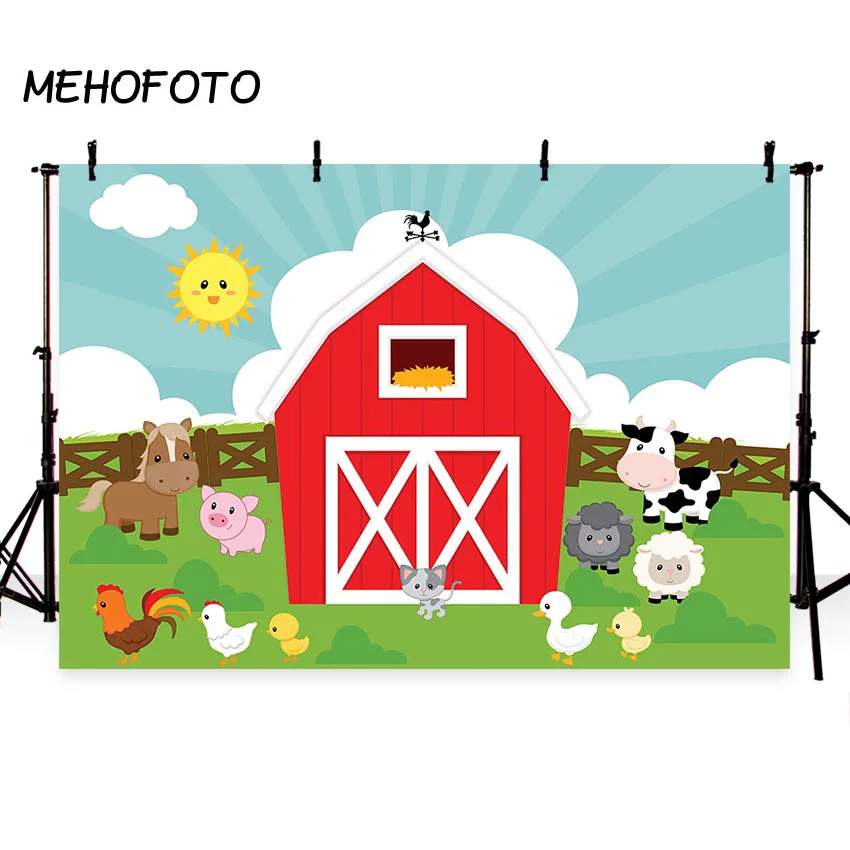 

Farm theme photography backdrop Red Barn Barnyard Tractor Balloons Animals Fence Garden Custom Photo Studio Background Banner