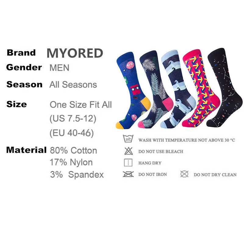 MYORED, 5 пар, унисекс, цветные мужские носки, рисунок с героями мультфильмов, чёсаный хлопок, яркие носки на осень и зиму, chaussette homme, для мужчин и женщин