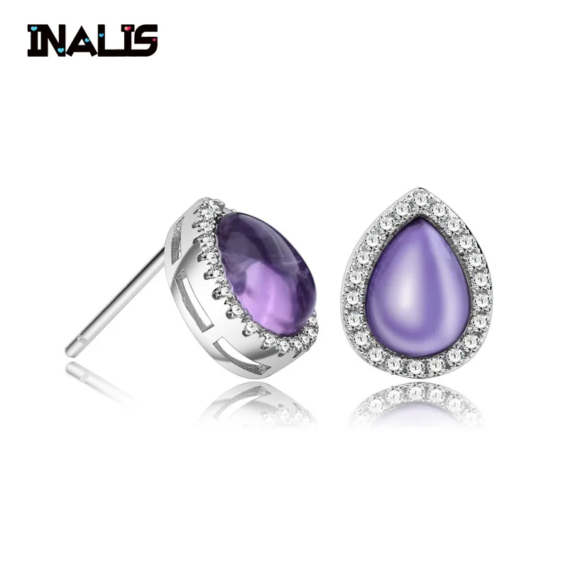 

INALIS New Luxurious Waterdrop Stud Earrings S925 Sterling Silver Inlay Tiny Clear CZ Stone with Purple Rose Quartz Brincos Gift