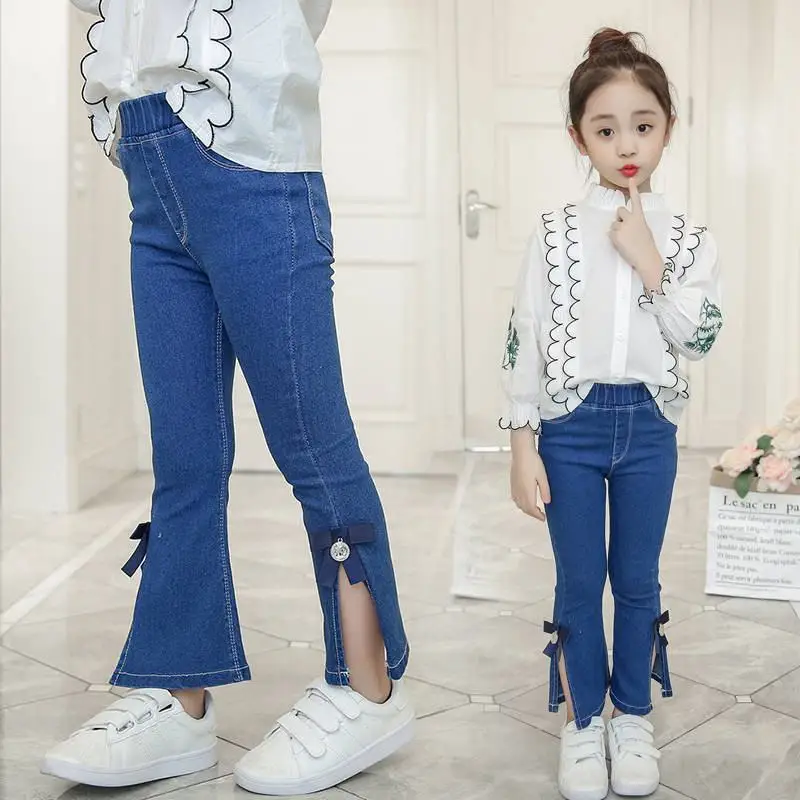 Г. новые модные джинсы для девочек на весну-осень джинсовые штаны для девочек Детские эластичные брюки с бантом Детские широкие леггинсы W18 - Цвет: cemian kaicha woniu