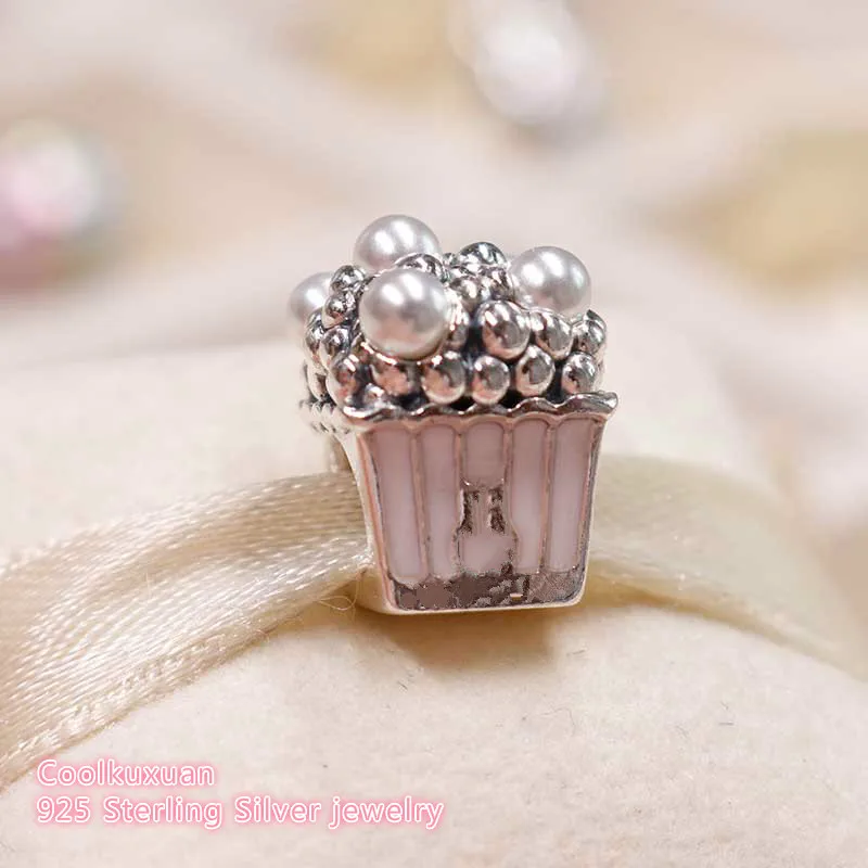 

2019 Summer 925 Sterling Silver Delicious Popcorn Charm, Pale Pink Enamel & White Crystal Pearls Fit Brand Charms Bracelet DIY