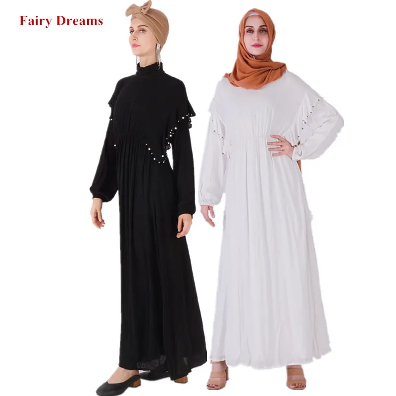 Black White Abaya Kimono Women Muslim Maxi Dress Femme Dubai Turkish Turkey Bangladesh Kaftan Pearl Robe Islamic Clothing