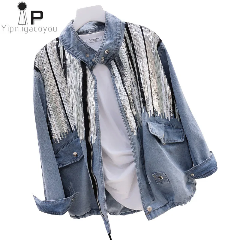 

Spring New Designer Coat Women Denim Jacket 2019 Ladies Harajuku Loose Sequins Jeans Jacket Women Basic Coat Casual Streetwear