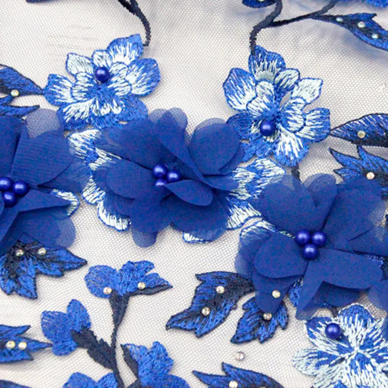 Роскошные 3D цветы Французский кружевной ткани для вечерние свадебные платья Кружева Королевский синий африканский нигерийский бисером кружевной ткани RG976