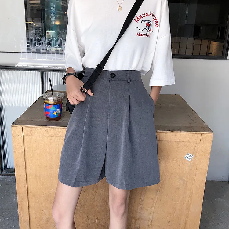 Knee Length Shorts Women Summer Solid Color Elegant Leisure Loose Shorts Trendy Classic Wide Leg Chic Korean Ladies Pockets