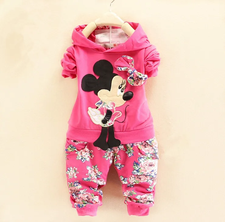 

2017 Spring Autumn cartoon minnie  2pcs sets floral flower children baby girl clothes for children