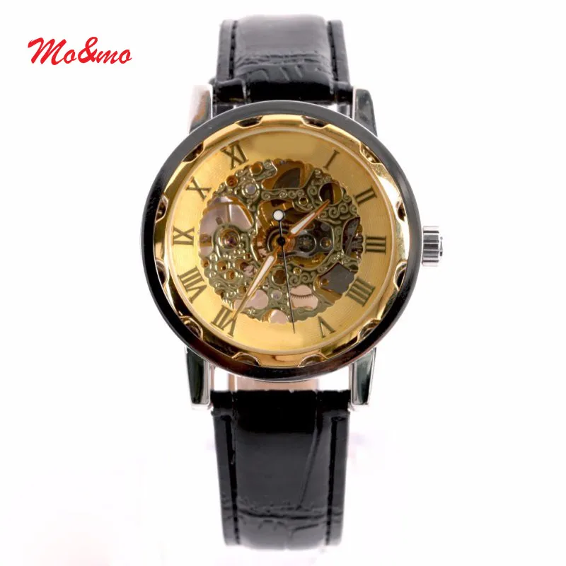 Classic Men s Gold Dial Skeleton Black Leather font b Mechanical b font Sport Army Wrist