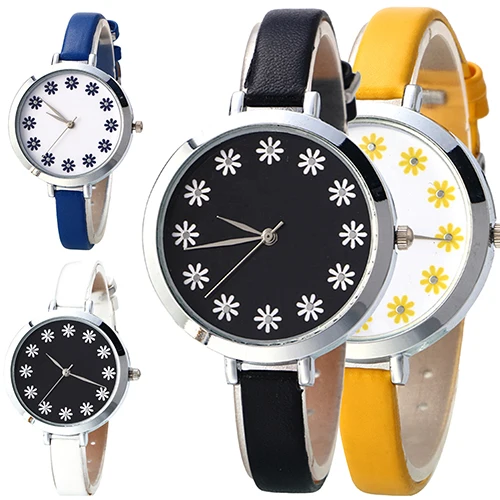 

Women Colorful Flowers Decor Round Case Faux Leather Band Analog Wrist Watch