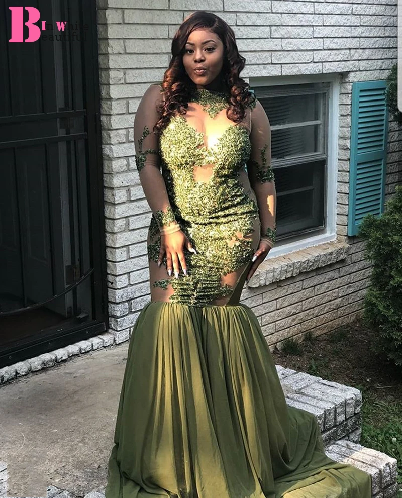 

Beautifulinwhite Oliver Plus Size Prom Dresses 2019 For Black Girls High Neck See Through Lace Appliques Robe De Soiree BP041