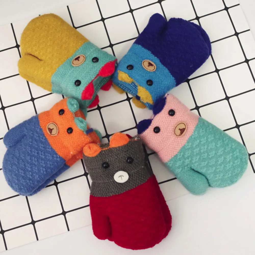 

Toddler Baby Cute Thicken Patchwork Hot Girls Boys Of Winter Warm Straps Gloves winter gloves kids Girls Boys Warm Gloves