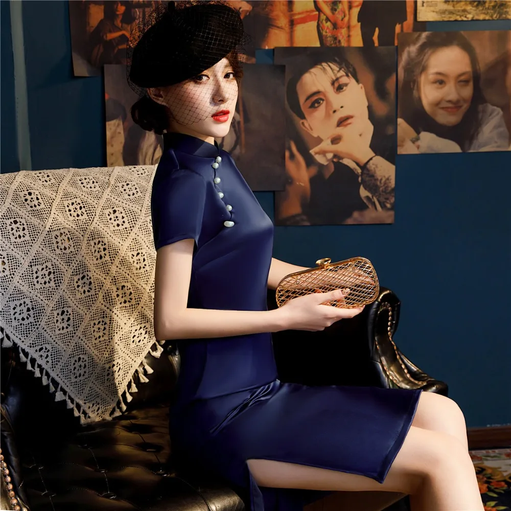 Шанхай история мода короткий рукав Qipao по колено китайское платье Весна Cheongsam синий Qipao платье для женщин