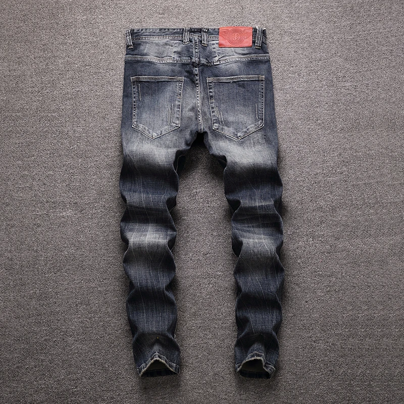 Fashion Streetwear Men Jeans Retro Blue Wash Slim Fit Ripped Jeans Men Denim Hip Hop Pants Vintage Designer Classical Jeans