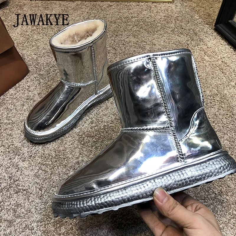

2019 Chic Snow Boots Women Round Toe Silver Mirror Leather Ankle Boots Winter Wool Waterproof Short Boots