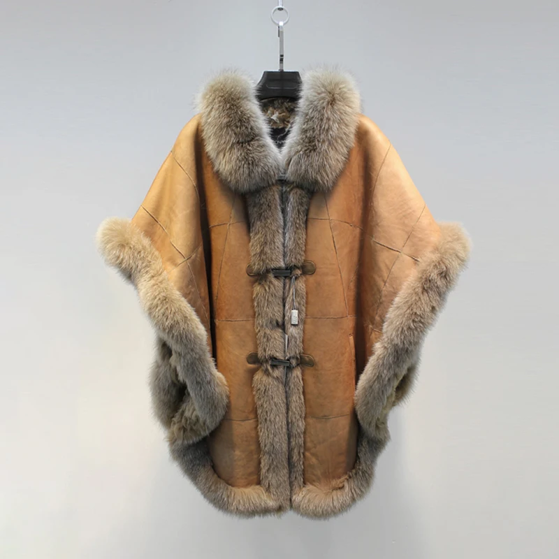 

Natural lamb fur cloak women real fur coat with genuine fox fur collar trim 2019 new autumn winter fur cape