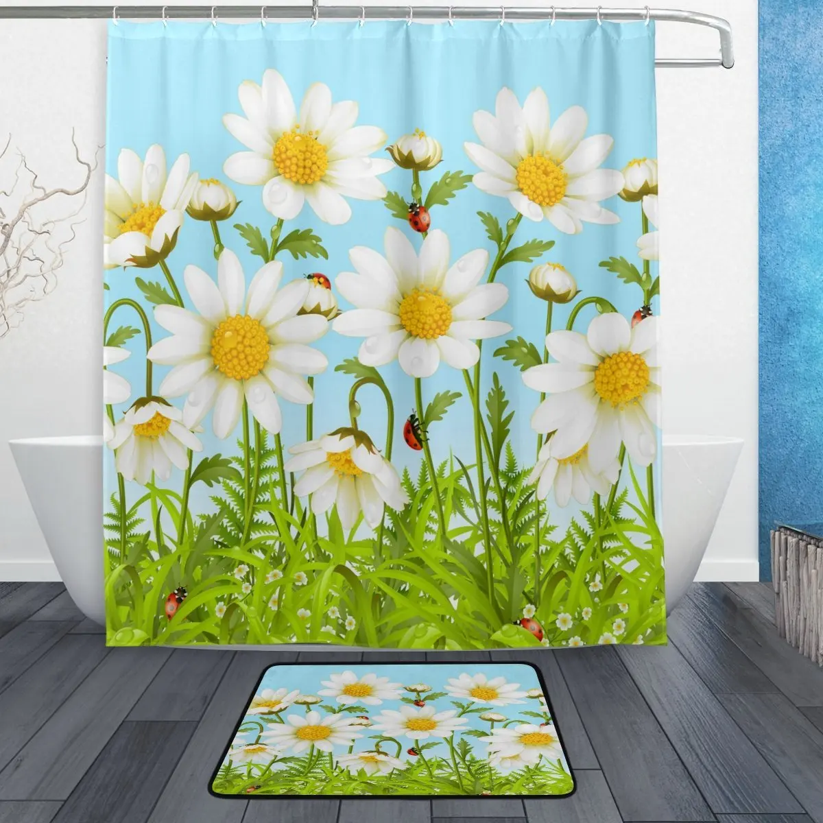 Fresh Daisy Flower Green Grass Waterproof Polyester Fabric Shower