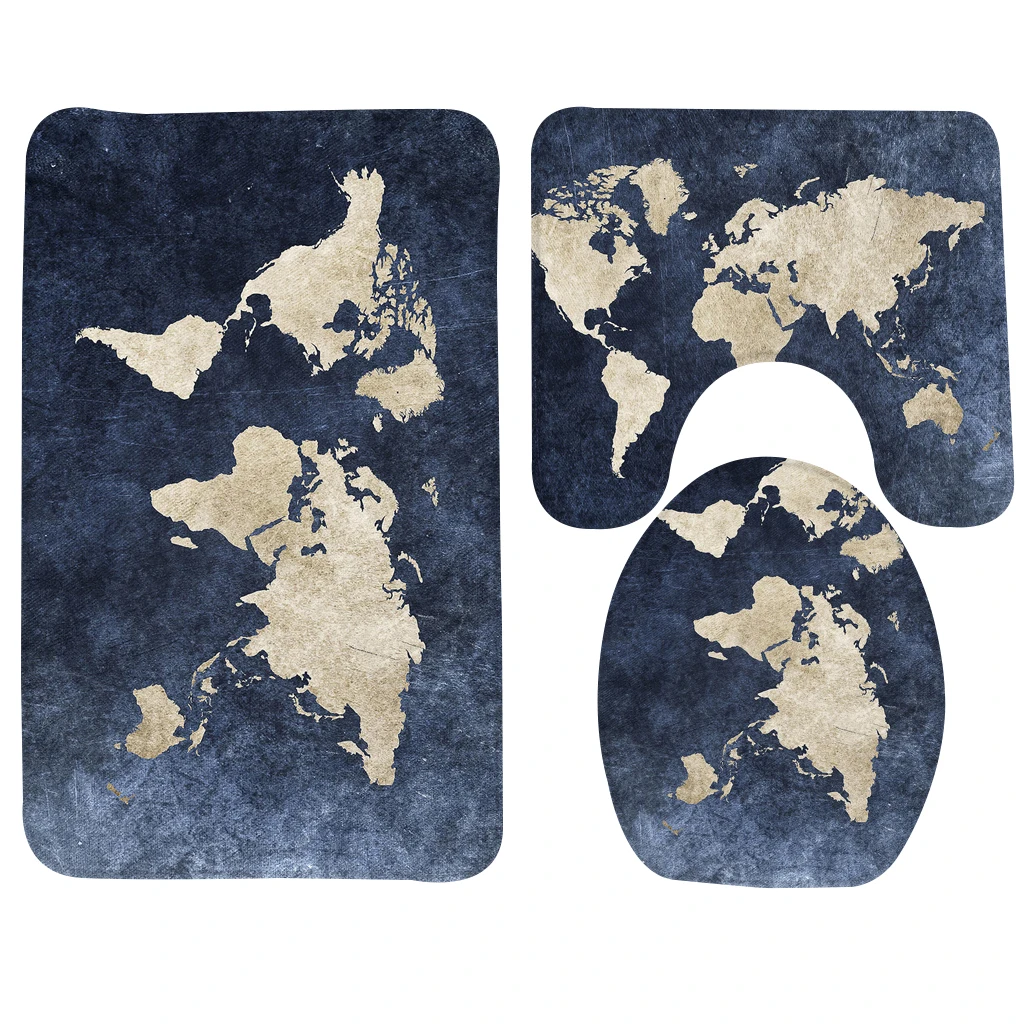 

Classic 3pcs Bathroom Mat Set World Map Pattern Anti Slip Bath Mat Microfiber Bathroom Rug and Toilet Mat Sets