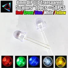 50 шт.(5 цветов x 10 шт.) 8 мм светодиодный набор диодов 8 мм 3 в набор светильник, излучающий белый зеленый красный синий желтый