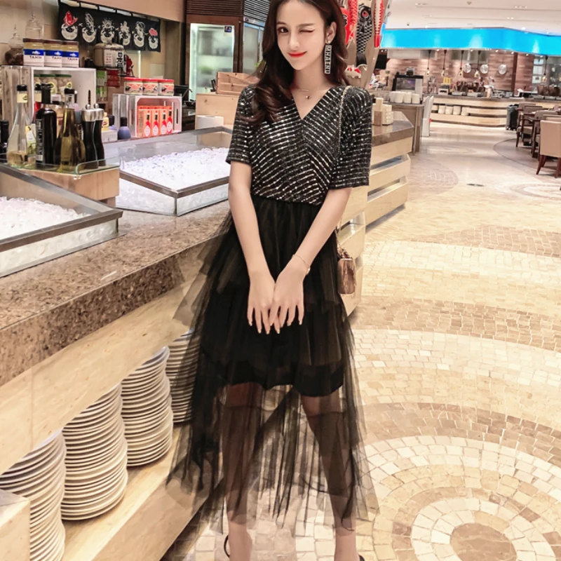 Women Summer Collar Sequin Irregular Voile Yarn Retro Dress Dresses Woman Party Night 2019