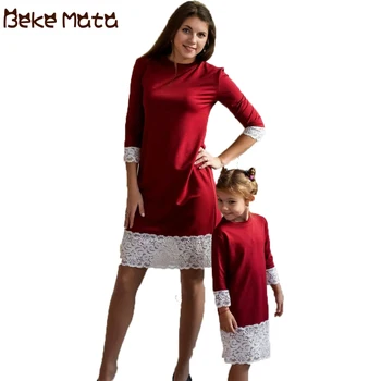 

BEKE MATA Family Matching Outfits Autumn 2018 Mommy And Me Clothes Lace Half Sleeve Mother Daughter Dresses Family Look Mom Girl