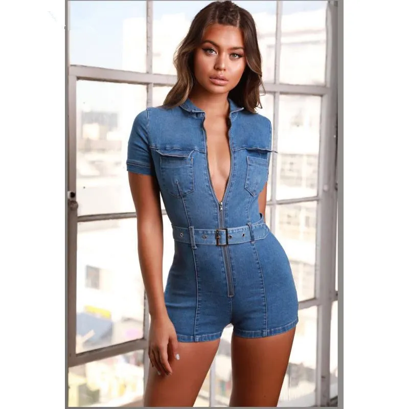 

2019 Summer Women Mini Jumpsuits Solid Short Sleeve Denim Jumpsuit Sexy Skinny Slim Playsuits