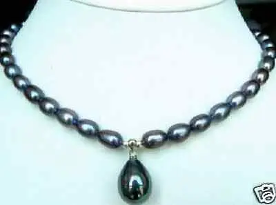 

7-9mm Black Akoya Pearl Necklace Shell Pearl Pendant 18" AAA style Fine Noble real Natural free shipping