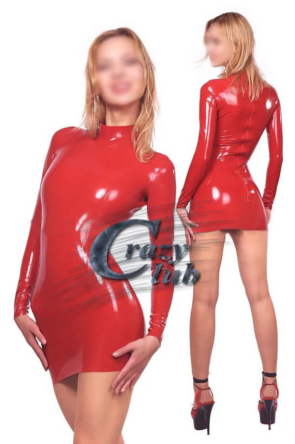 Crazy Clublatex Zentai Dress Full Sleeve Sexy Red Bodycon -4776