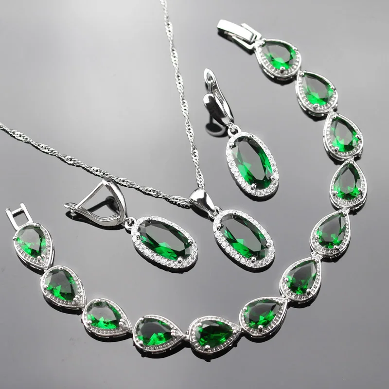 Smooth 3pcs 1.5*0.5cm Green Crystal Stone Jewelry Set for Women Silver