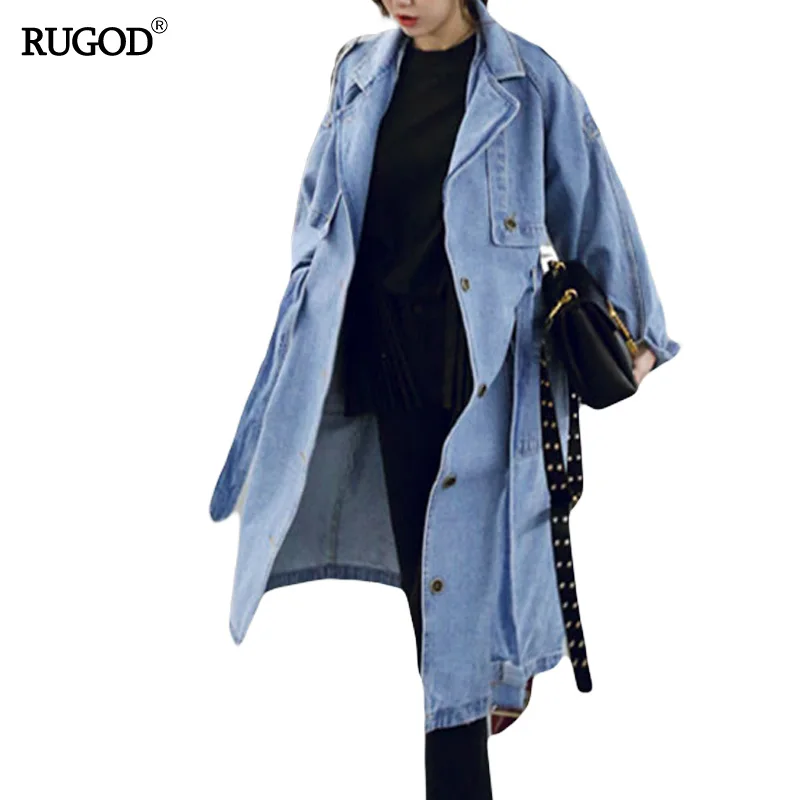 

RUGOD Spring Autumn Women Casual Loose X-Long Denim Trench Coat Female Denim Overalls Plus Size Adjustable Waist Denim Coat