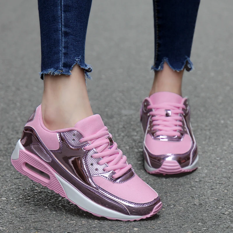 

2019 Women Vulcanize Shoes Air Cushion Sneakers Breathable Fashion Couples Shoes Gold Silver Lace Up Footware Plus Size 35-46