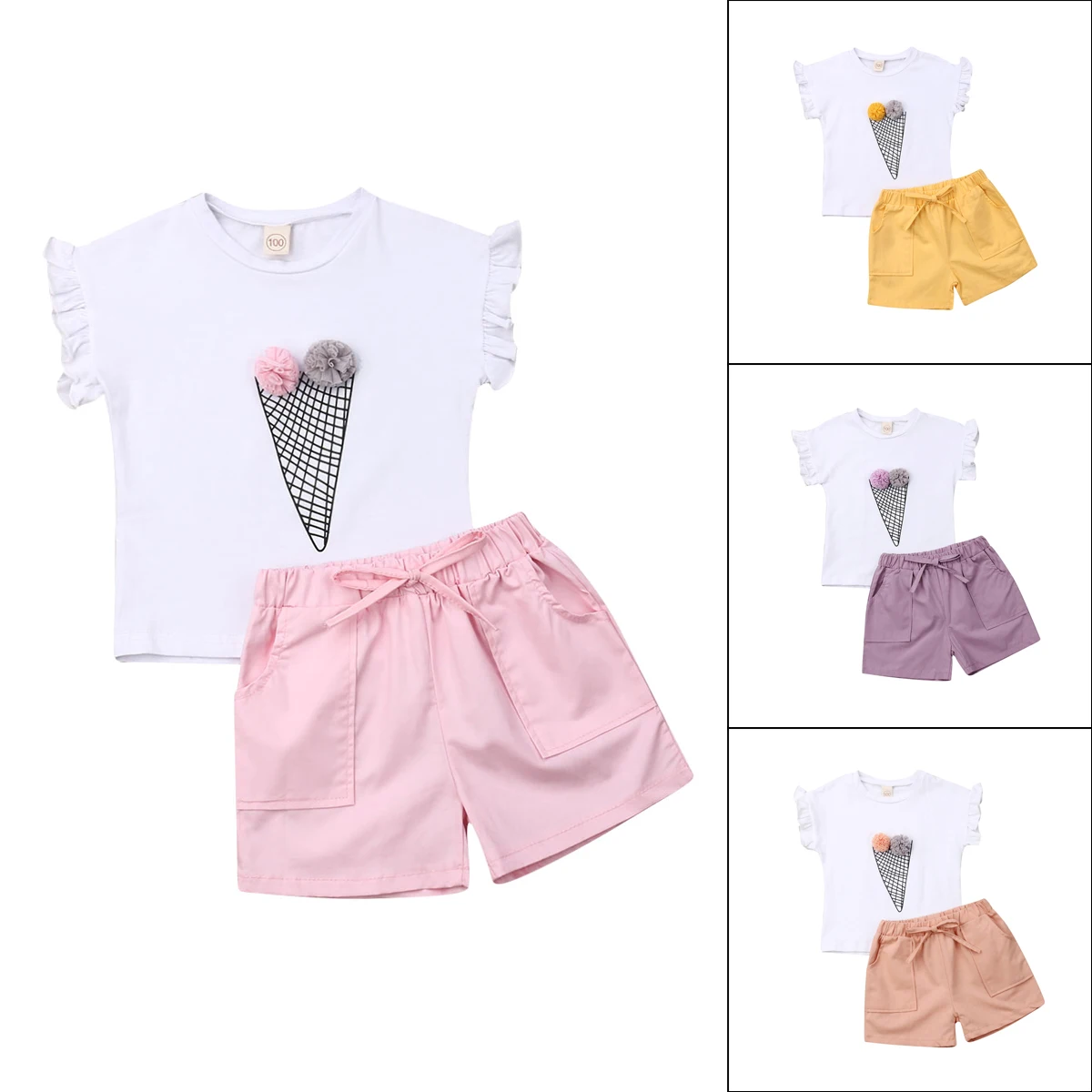 Изысканная одежда для девочек 2 предмета, летние топы для маленьких девочек с мороженым, футболка+ шорты, штаны, комплект одежды