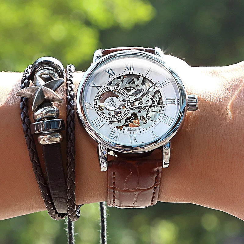 skeleton watch leather strap