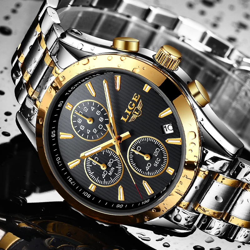 

LIGE Brand Top Luxury Men's Watch Waterproof Men Watches Business Fashion Casual Sport Full steel Military Gold Black Male Clock