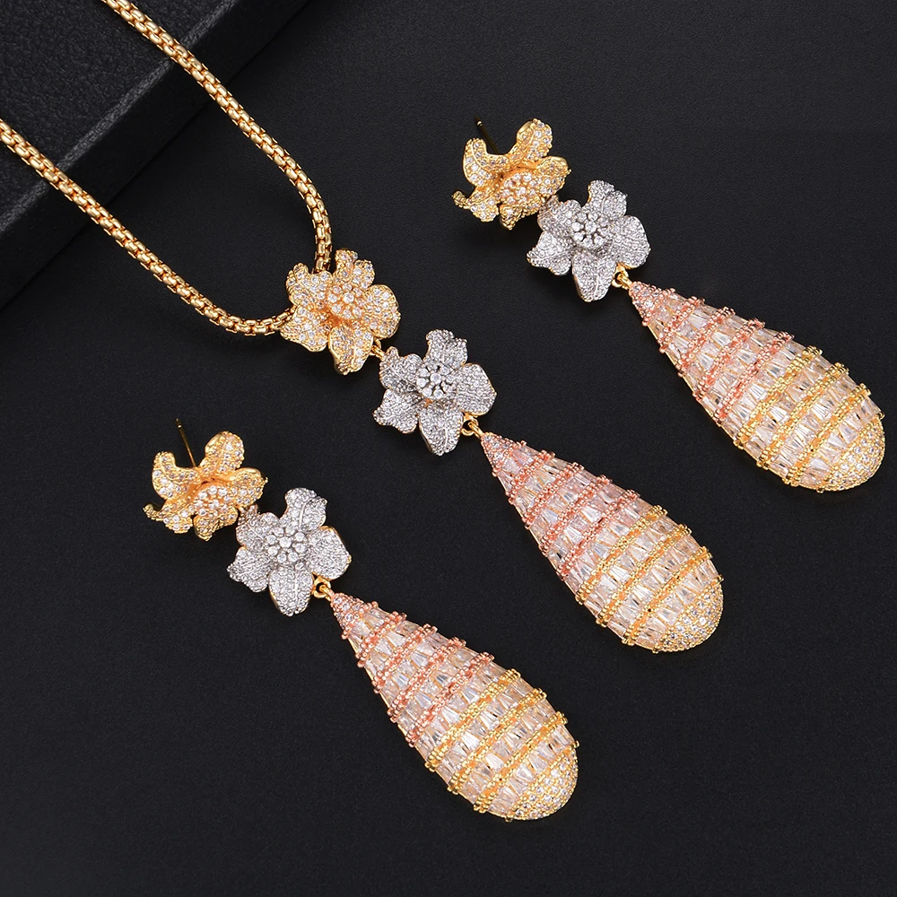 GODKI Luxury Blossom Flower Water Drop Women Wedding Cubic Zirconia Choker Necklace Earring Dubai Jewelry Set Jewellery Addict