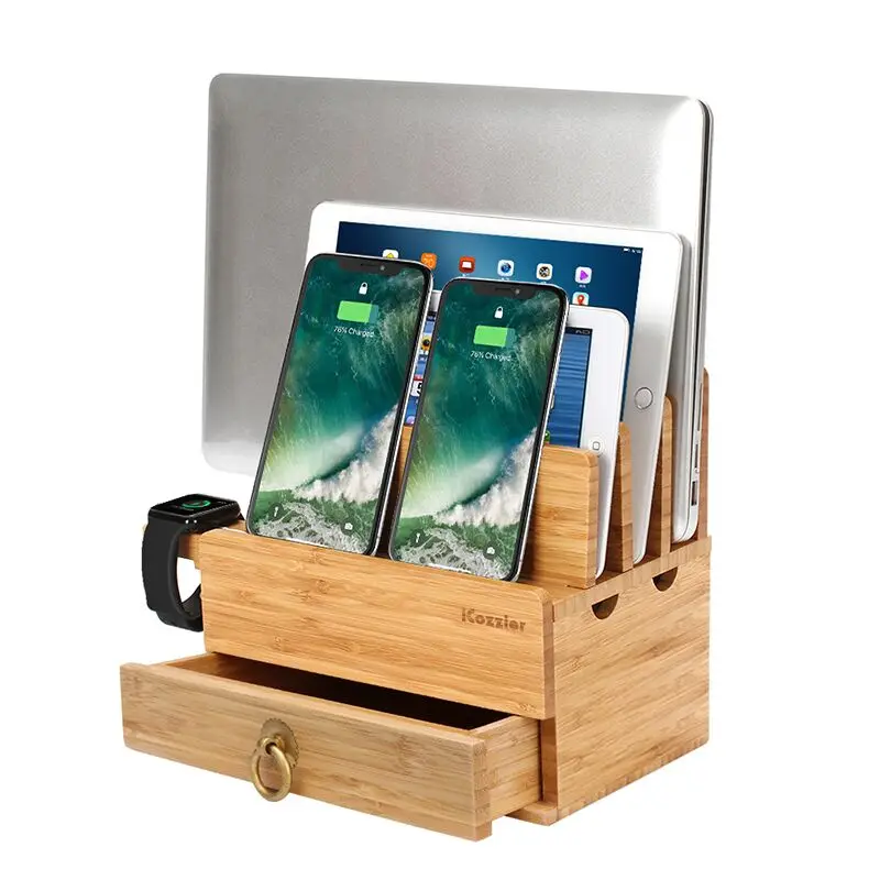 

iCozzier 4-Slot Bamboo Watch Stand Removable Multi-device Charging Station and Cord Stand Dock for i Watch, MacBook Air ,Tablets