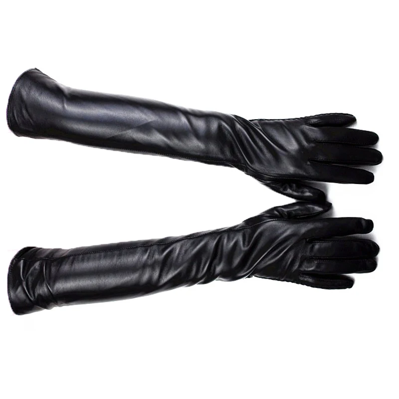 New Ms fashion long 48cm black genuine leather gloves women sheepskin solid adult mittens 