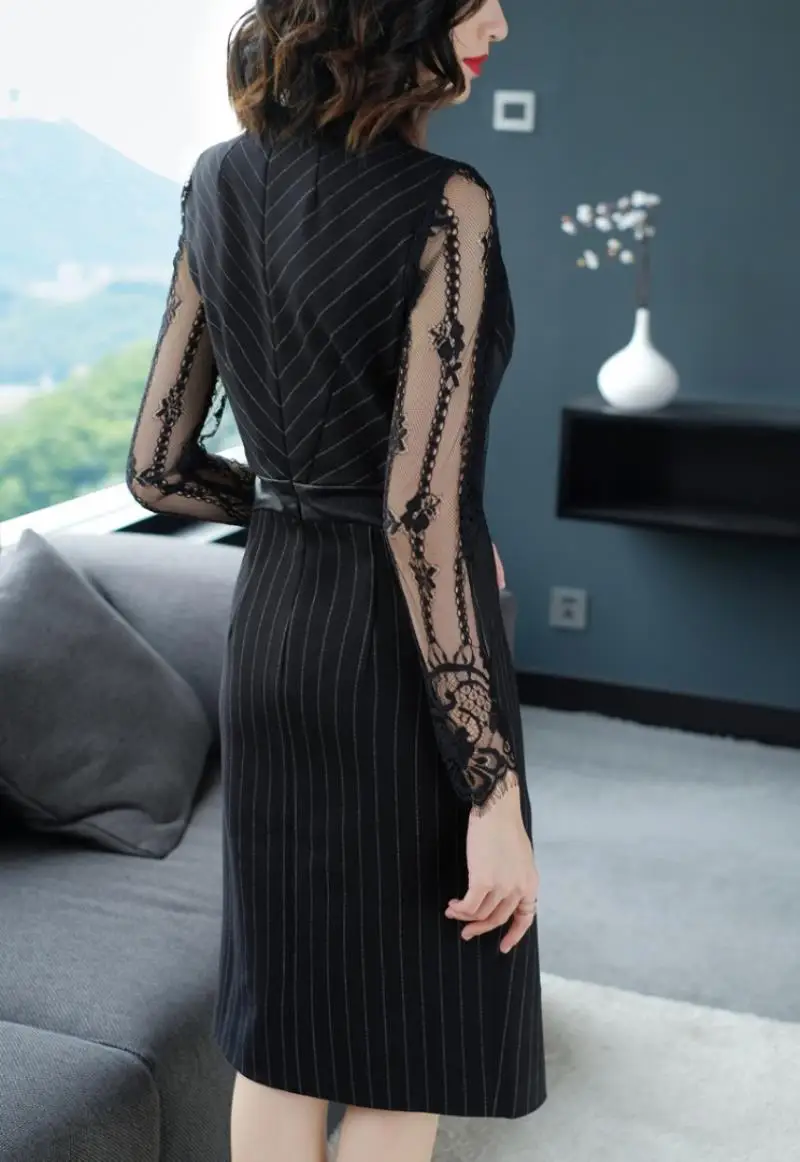2018 New Spring Plus size   stripe  Lace   Net yarn  Long sleevesr Dress   Black Sexy  Party Texture Clothes Garment Dress