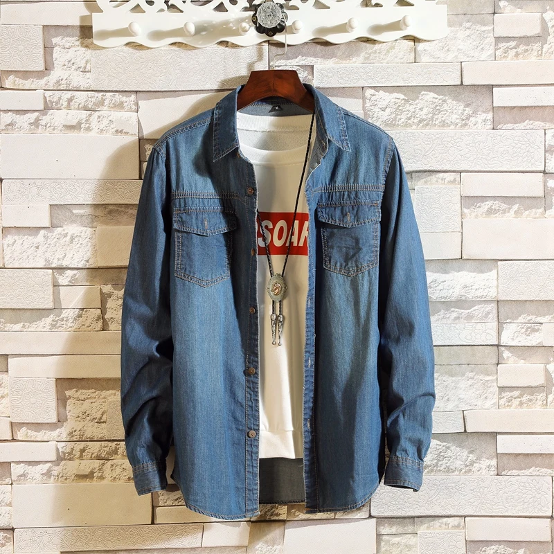 Denim shirt men s spring and summer denim shirt thin section men s slim solid color simple washed long-sleeved denim shirt Denim shirt men s spring and summer denim shirt thin section men s slim solid color simple washed long-sleeved denim shirt