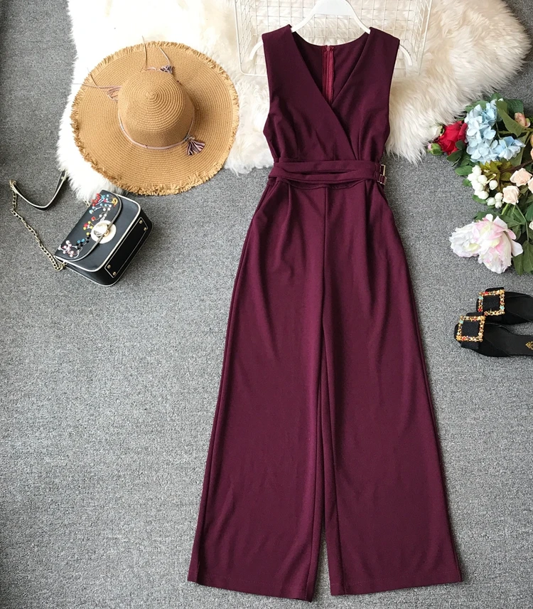 Sleeveless V-neck High Waist Sashes Wide Leg Jumpsuit