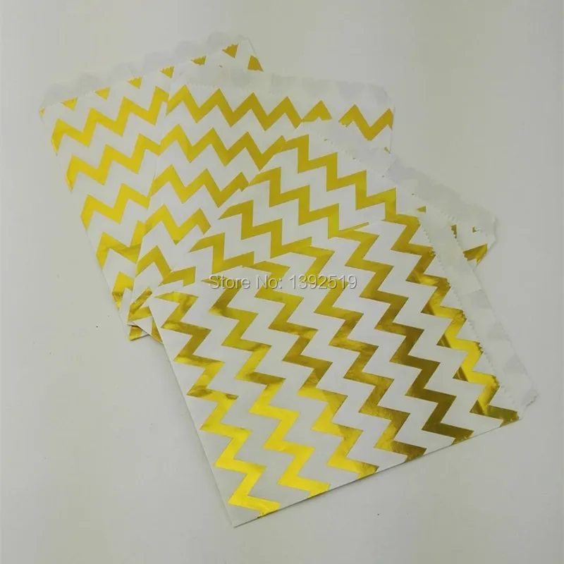 

Free Shipping 50pcs Foil Gold Candy Bags in Chevron Gold Paper Bags Popcorn Snack wrapping bags for Wedding School Party