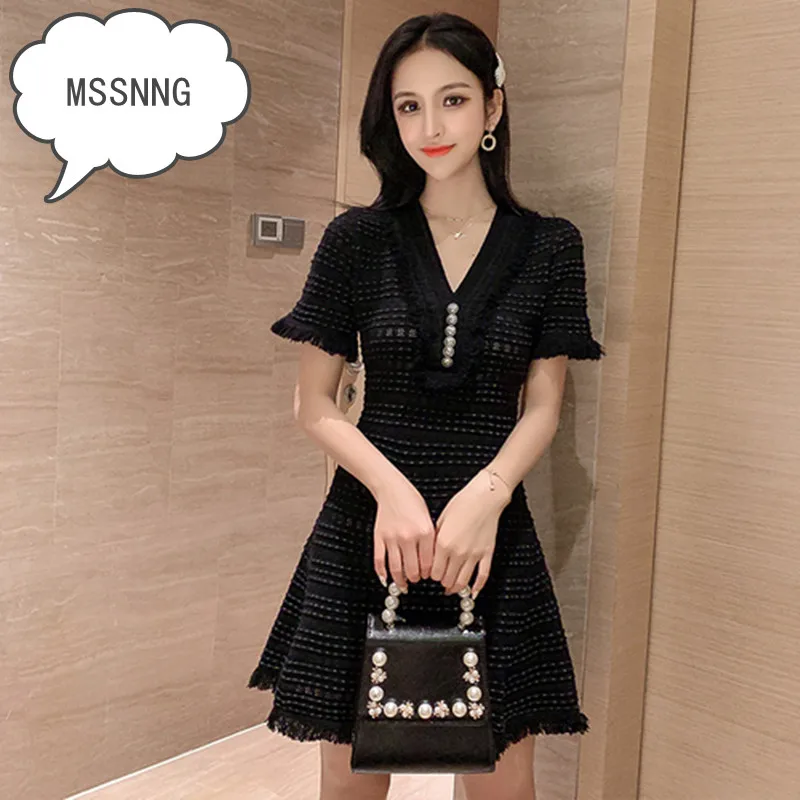 

MSSNNG 2019 Summer New Fashion V-Neck Short-Sleeved Knit Little Sexy Black Mini Dress Tassel Slim Slim A-Line Dress S-L