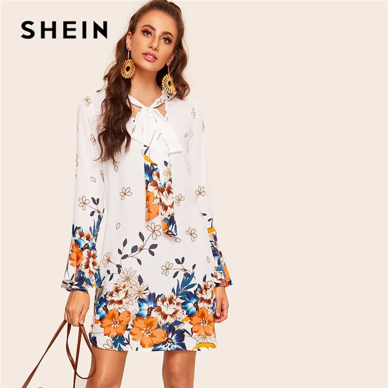 

SHEIN Bow Tie Neck Bell Sleeve Tunic Floral Print Boho Mini Dress Spring Women Stand Collar Casual Vacation White Dress