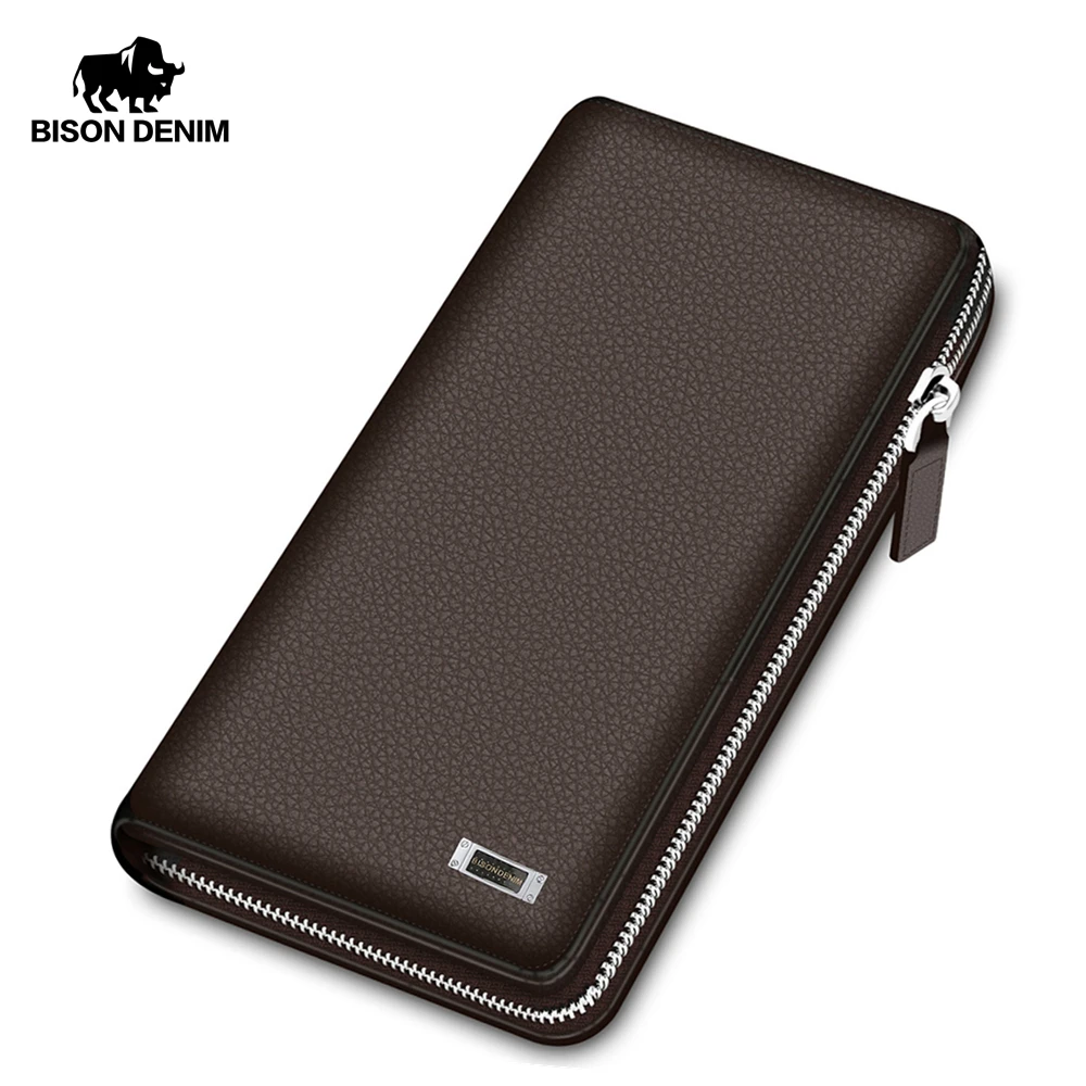 

BISON DENIM Long Style Purse Men Wallet Genuine Leather Clutch Bags Coin Card Holder Men's Business Purse For men N8018