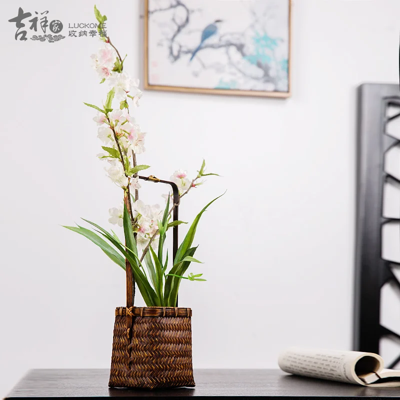 Countryside Style Hand Weaved Vase Decorative Bamboo Basket Home