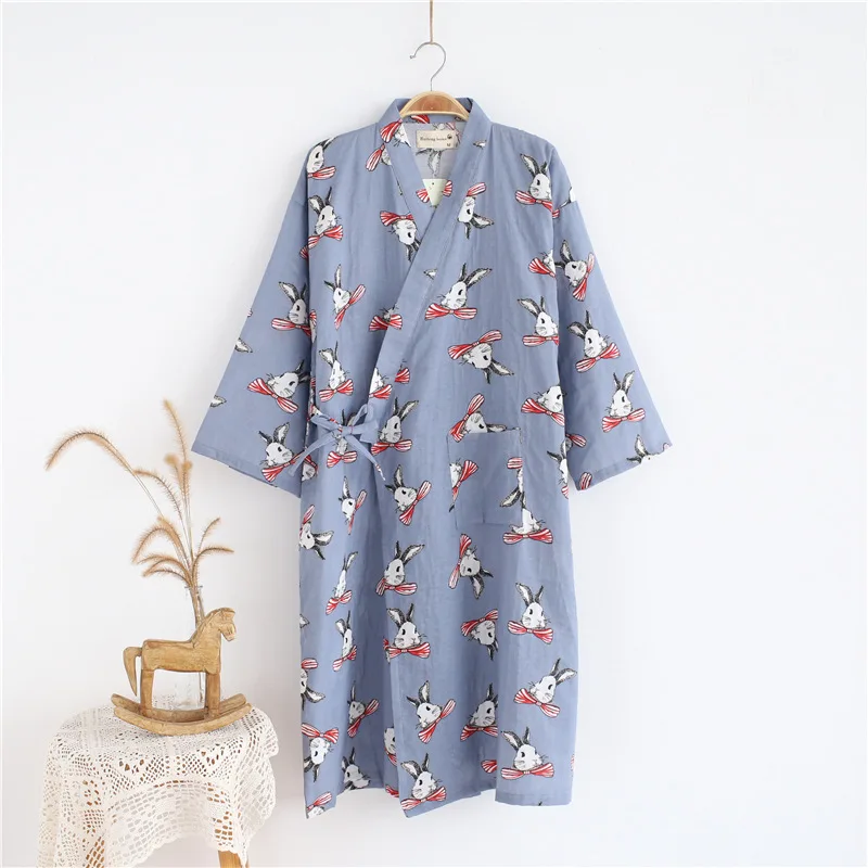 New Cotton Double Gauze Bathrobe Cartoon Rabbit Summer Thin Robe Home Leisure Pajamas Kimono Bath Long Sheer Robes