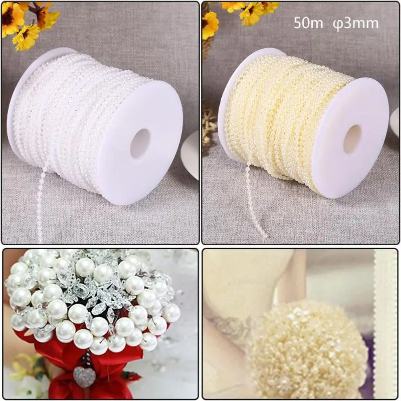 

50m/Roll 3mm Imitation Pearl Bead String DIY Handmade Roll Pearl Bead String Artificial Chain Garland Curtain Wedding Decoratio