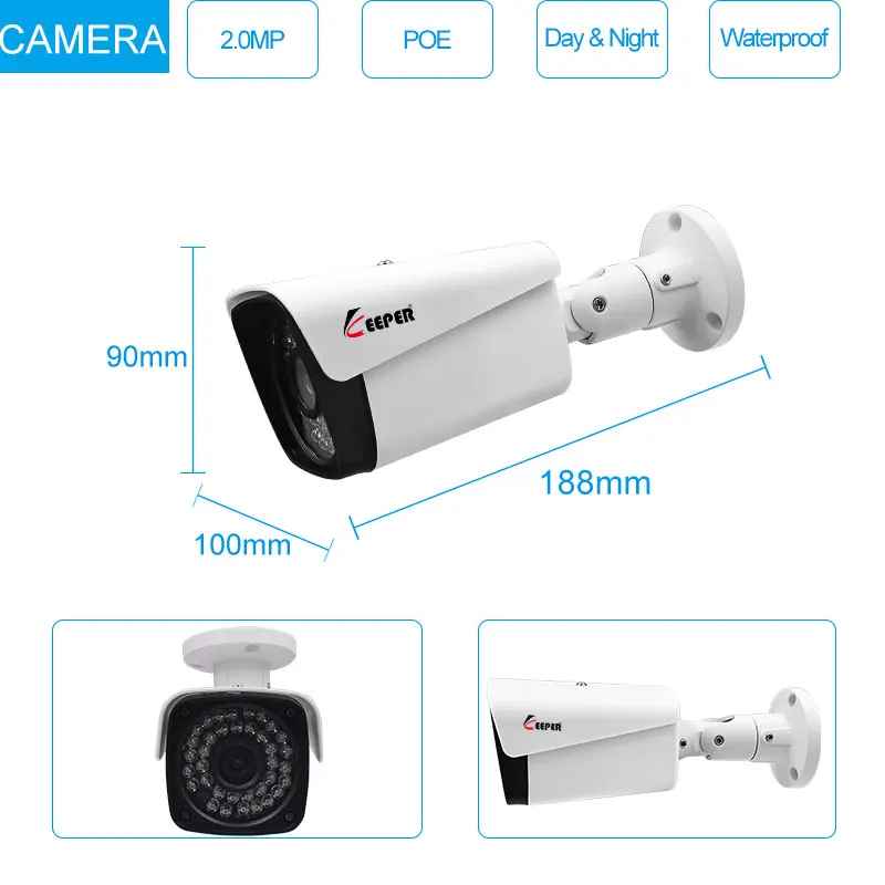  Keeper H.265 4CH 2MP POE Security Camera System Kit Audio Record IP Camera IR Outdoor Waterproof CC