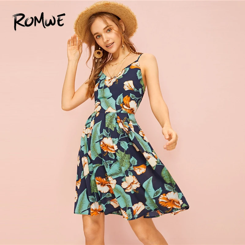 

ROMWE Floral Plants Print Cami Dress Women Summer 2019 High Waist Ladies Boho Vacation Flared Sleeveless Sheath Short Dresses