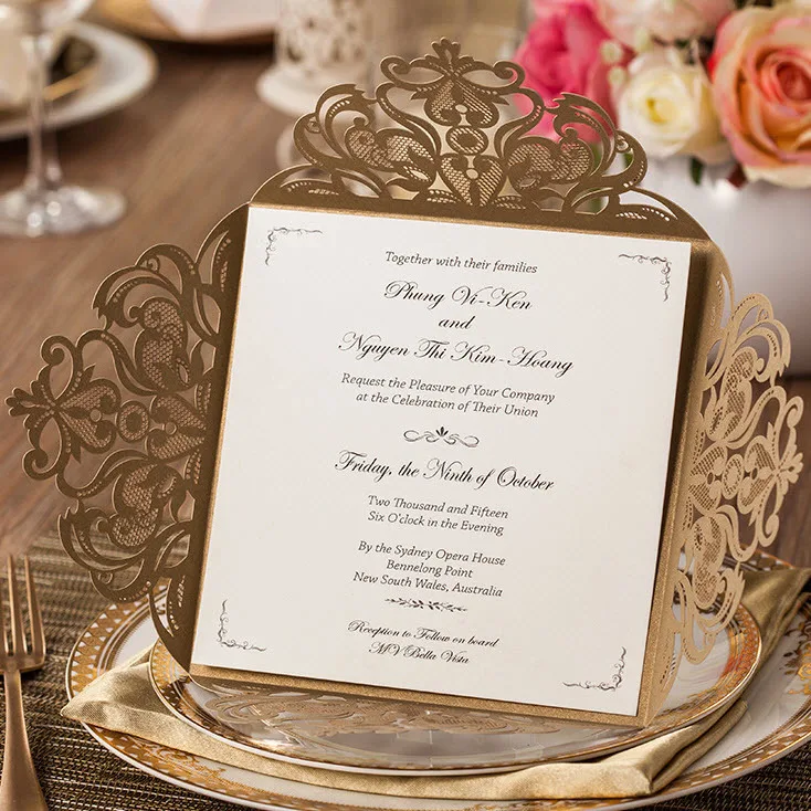

CW519_GO, Dark Gold Laser Cut Flowers Square Wedding Invitations Cards