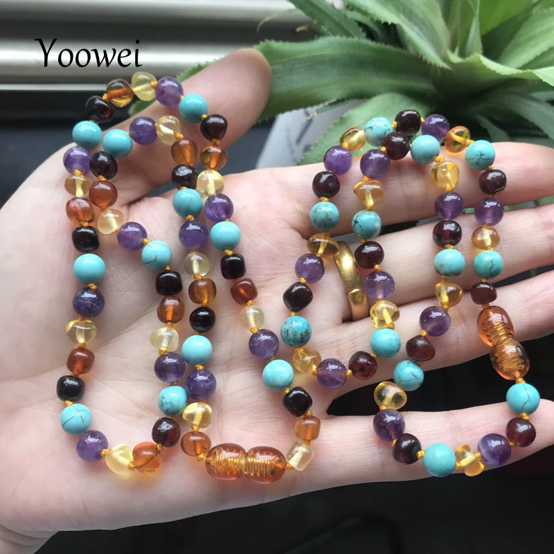 Yoowei New Amber Teething Necklace for Child Adult Test Real Fine Amethyst Gems Natural Stone Trendy Women Jewelry Wholesale