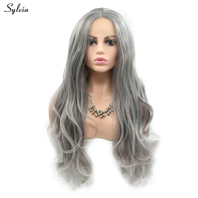 Sylvia Gray Wig with White Tips Two Tone Natural Hairline Heat